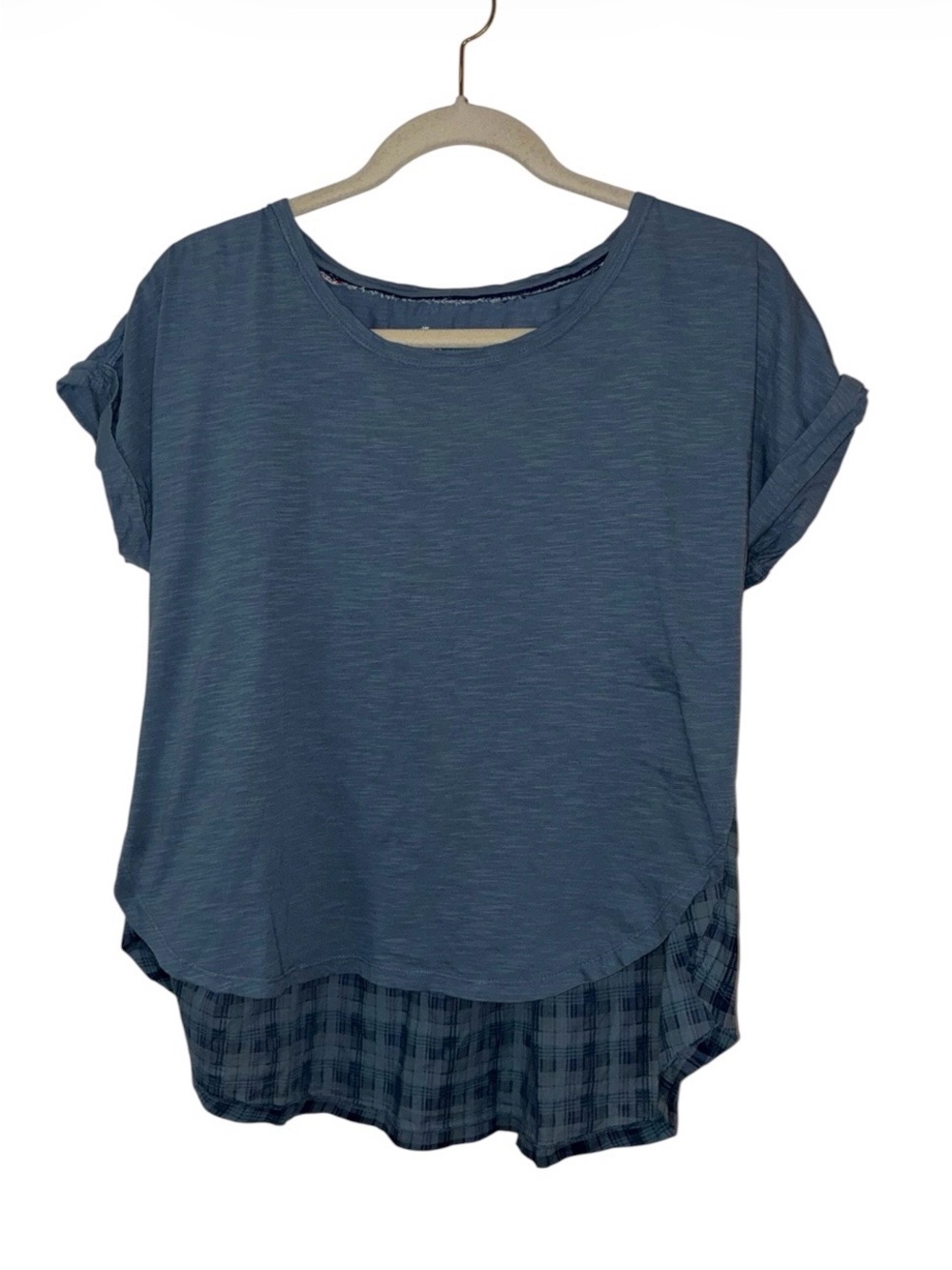 Anthropologie Pilcro Blue Mixed Media Plaid Short Sleeve Cuffed T-Shirt Sz S